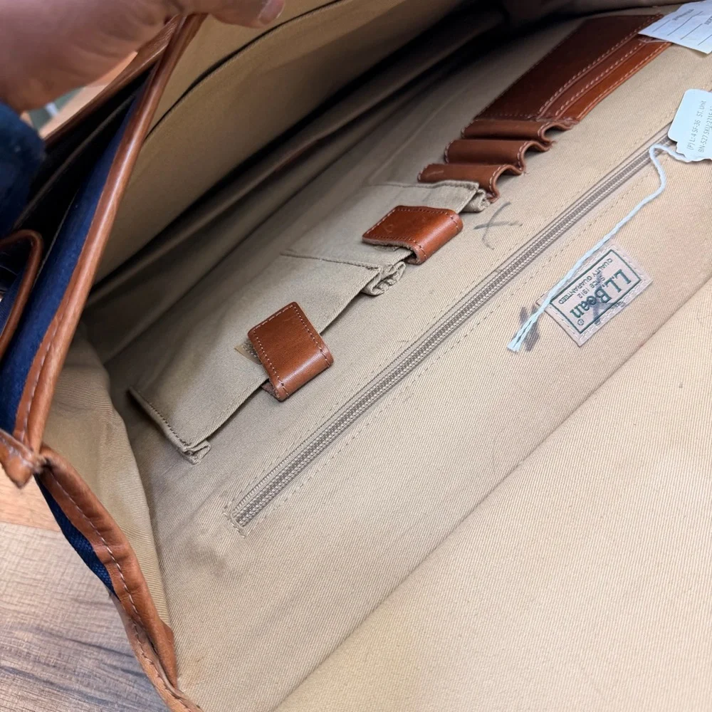 L.L. Bean Canvas Blue Travel Briefcase Shoulder Leather Dowel Rod Bag